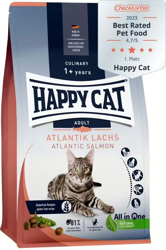katze, tüte, happy cat, trockenfutter, adult, atlantik lachs