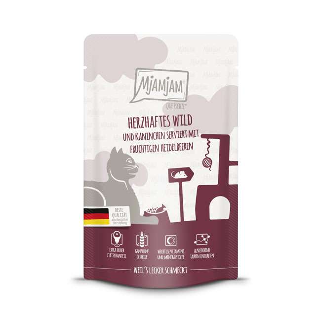 MjAMjAM Katze - Quetschie herzhaftes Wild & Kaninchen mit fruchtigen Heidelbeeren