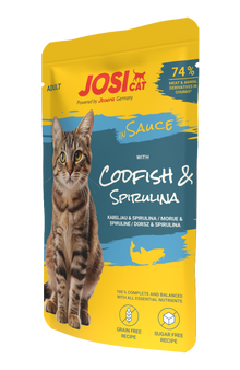 katze, beutel, josicat, nassfutter, sauce, kabeljau, spirulina
