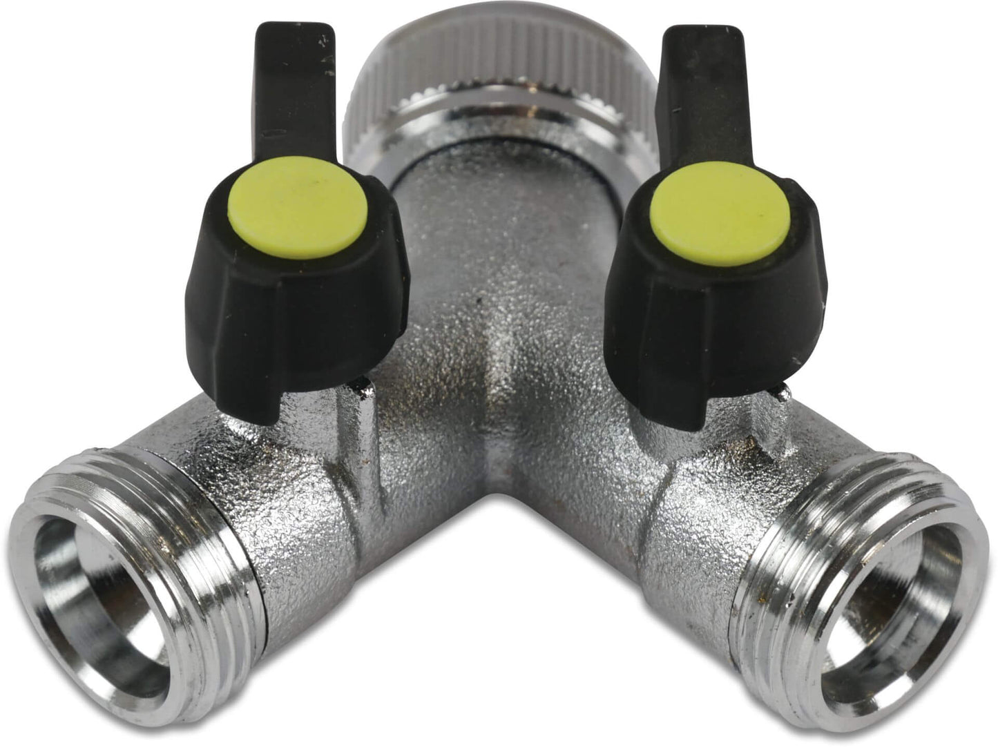 Bevo Hydro-S 3-Way Valve, chrome-plated brass, 3/4" cap nut FPT x MPT x MPT type with ball valve