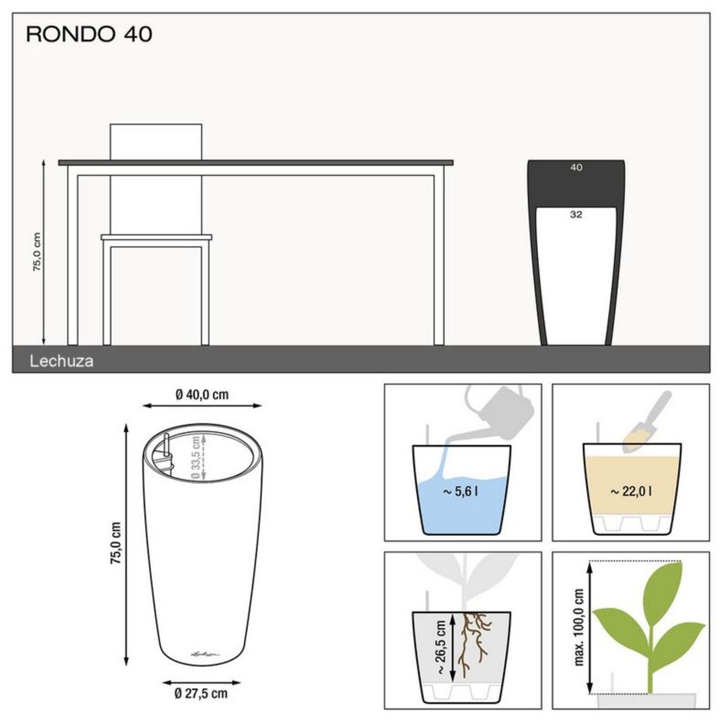 LECHUZA Planter RONDO Premium 40 All-in-one Set