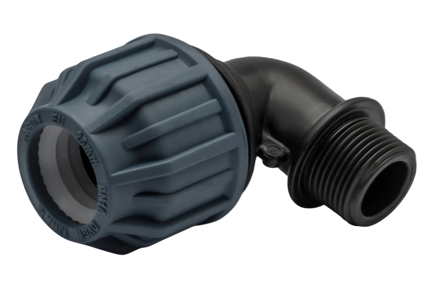 Jason Winkel 90° PP 25 mm x 3/4" Klemm x Außengewinde 16bar Schwarz/Blau DVGW/KIWA/WRAS/SVGW