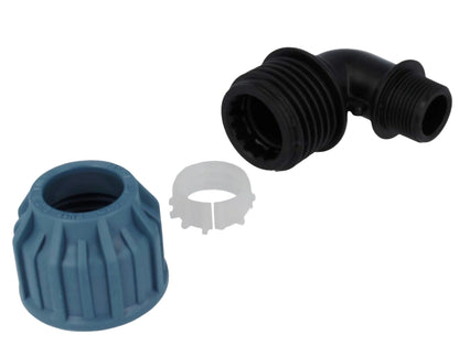 Jason Winkel 90° PP 25 mm x 3/4" Klemm x Außengewinde 16bar Schwarz/Blau DVGW/KIWA/WRAS/SVGW