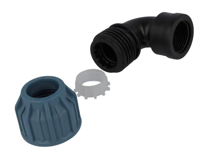 Jason Winkel 90° PP 25 mm x 3/4" Klemm x Innengewinde 16bar Schwarz/Blau DVGW/KIWA/WRAS/SVGW